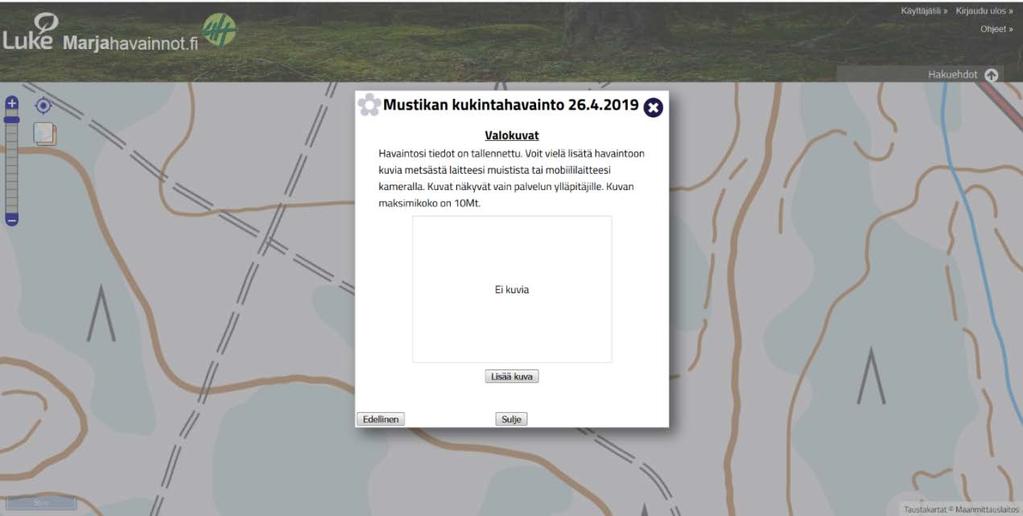 2.11. Jos haluat, voit nyt tallentaa valokuvan (maksimikoko 10 Mt) havaintometsästäsi havainnon yhteyteen.