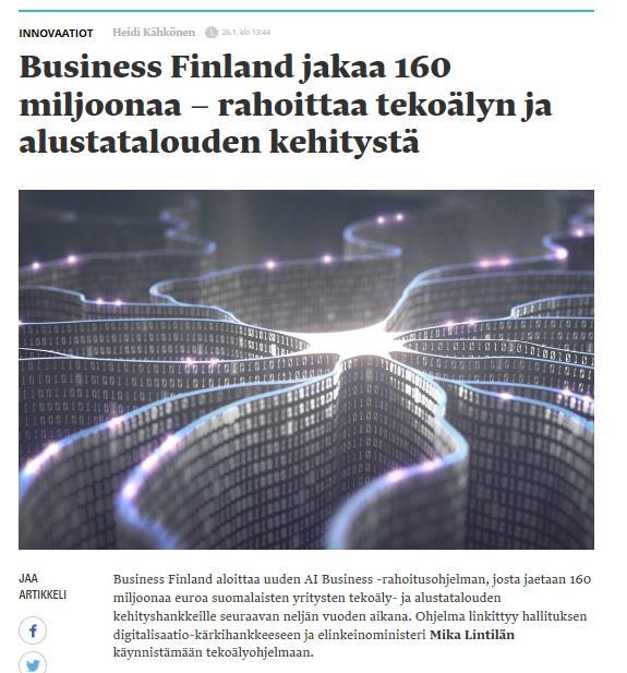 Tekoälyn soveltamisen kasvuryhmä ja Tekoälykiihdyttämö Kasvuryhmä Parhaiden käytäntöjen jakaminen yritysten välillä Sparraus ja vertaistuki Kiihdyttämö Tekoälykiihdyttämö auttaa yrityksiä pääsemään
