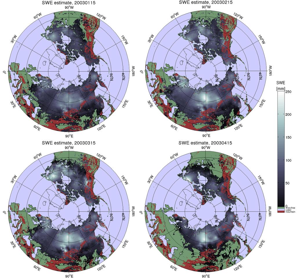 Advances in snow monitoring - results and discussion snow mass given by SWE. In March the amount of snow has grown especially in Northern America.