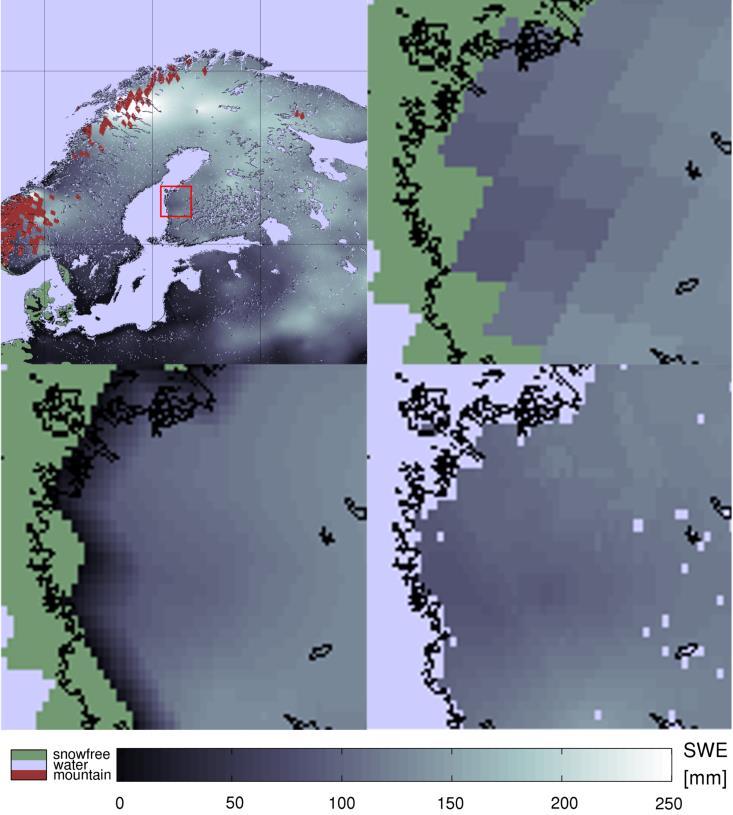 Advances in snow monitoring - results and discussion Figure 8. Example of resolution enchanment in SR-SWE product. Upper left: The area of interest.