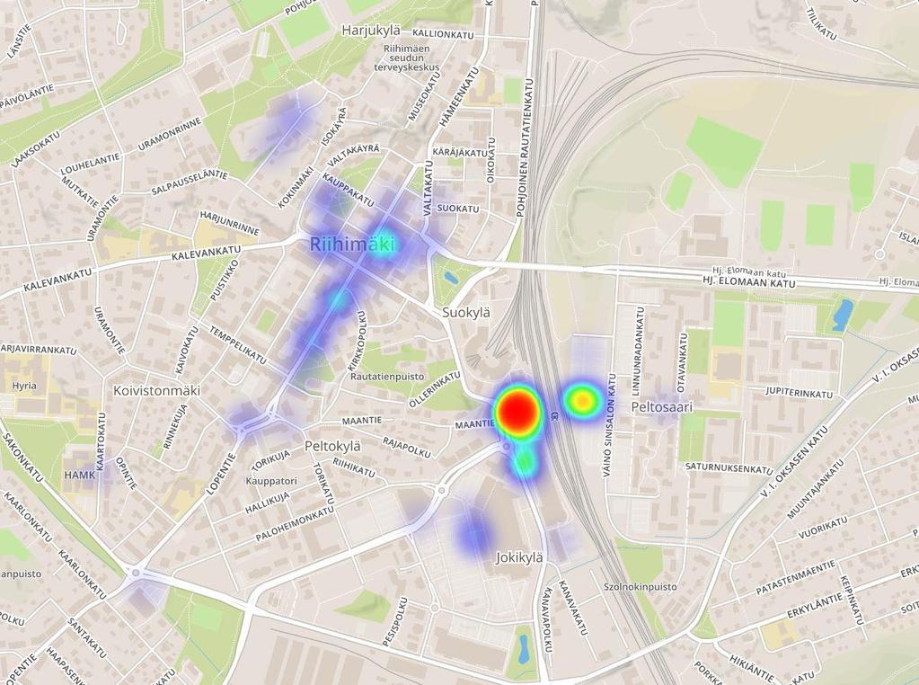 Asukaskyselyn karttavastaukset Eniten käytetyt pyöräpysäköintipaikat