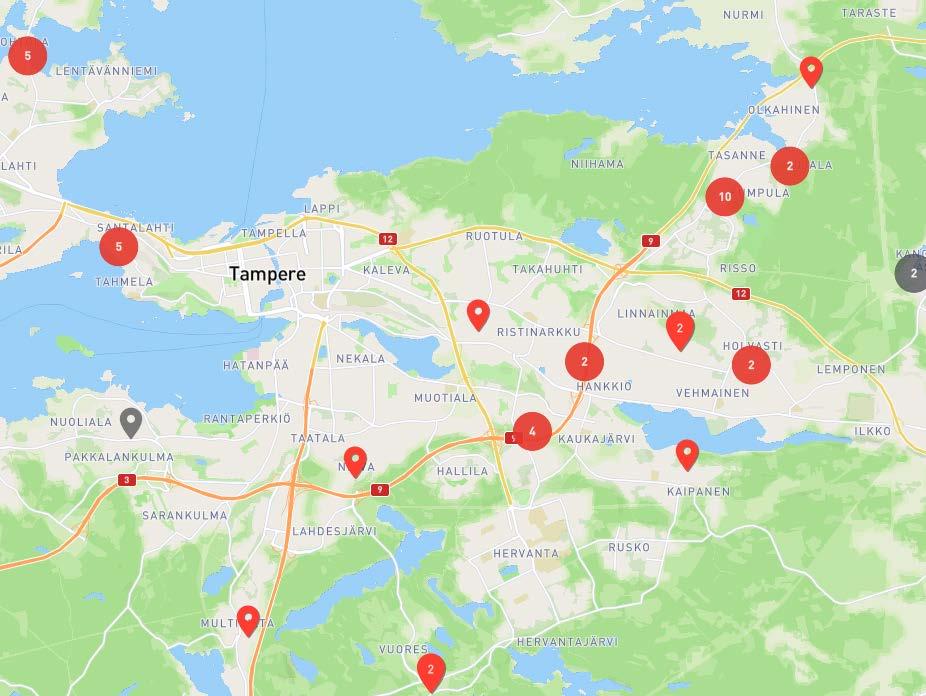 rakennuspaikkoja), näistä 16 kpl pohjoisella suuralueella ja 40 kpl