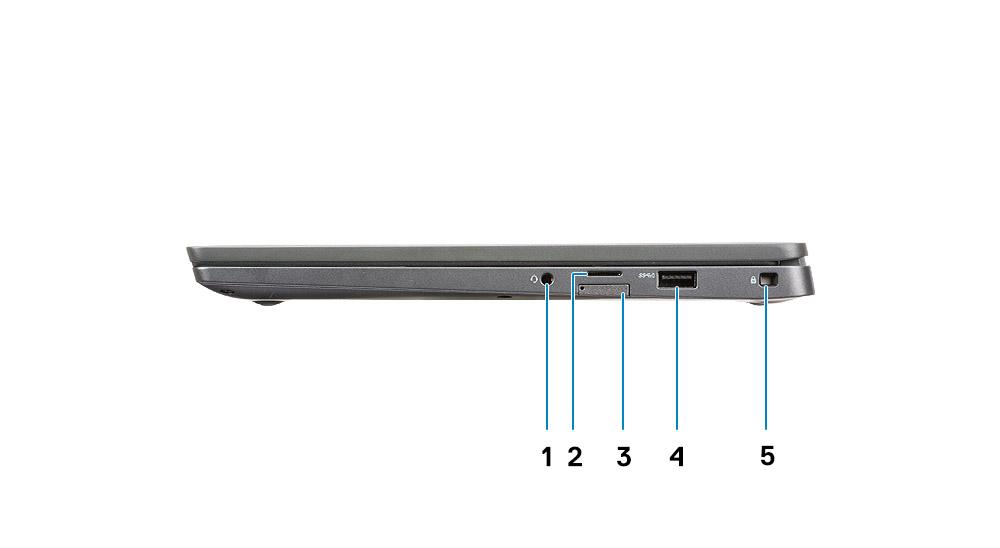 5 Mikrofoni 6 Näyttöpaneeli 7 Akun tilan merkkivalo Näkymä vasemmalta 1 Virtasovitinportti 2 USB Type-C 3.1 Gen 2 -portti (Thunderbolt) 3 HDMI 1.4a -portti 4 USB Type-A 3.