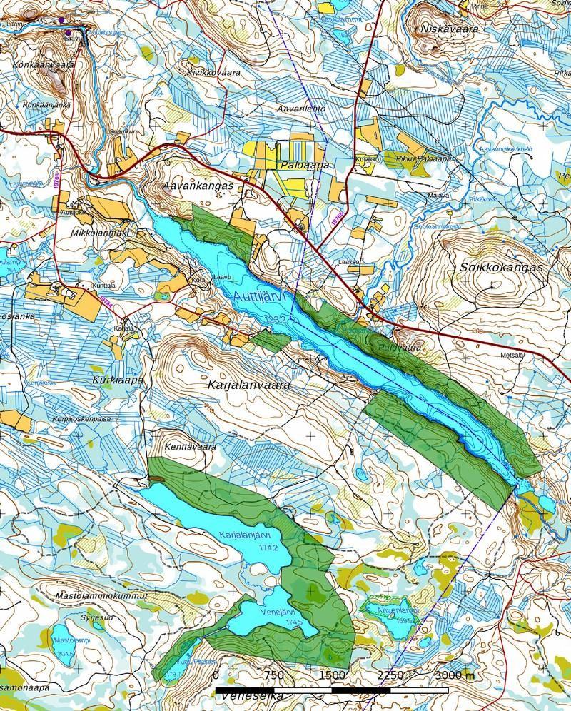 4 2. Inventoinnin lähtökohdat ja menetelmät Posion ja Rovaniemen rajan molemmin puolin sijaitsevan neljän järven (Auttijärvi, Karjalanjärvi, Venejärvi ja Vuoti-Piittinen) alueella on vierellä