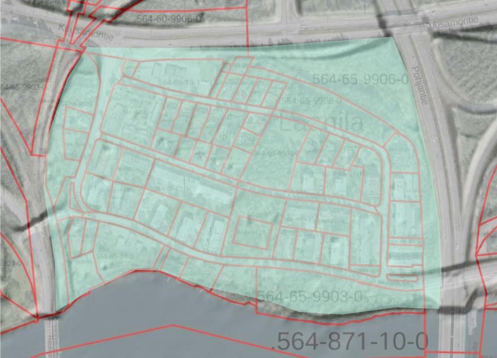 3 Suunnittelualue Kuva 3 Valuma-alue suunnittelualueen läheisyydessä. Suunnittelualue on merkitty kuvaan oranssilla katkoviivalla ja valuma-alue turkoosilla sävyllä.