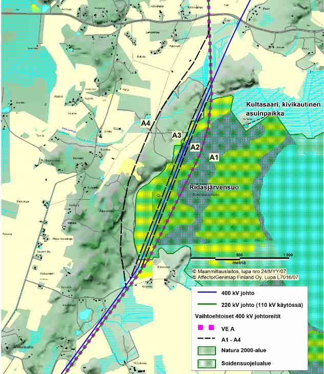 400 kv voimajohto Hyvinkä-Hikiä 15 alavaihtoehto A3 sijoittuu nykyisen Hyvinkää-Kangasala 400 kv voimajohdon rinnalle sen luoteispuolelle.