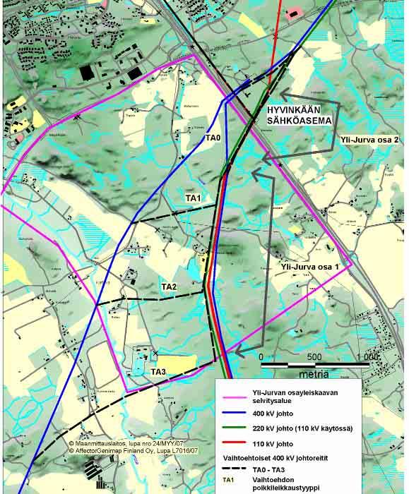 400 kv voimajohto Hyvinkä-Hikiä 21 Kuva 16. Yli-Jurvan tarkastelualueen neljä alavaihtoehtoa ja poikkileikkausten sijainnit.
