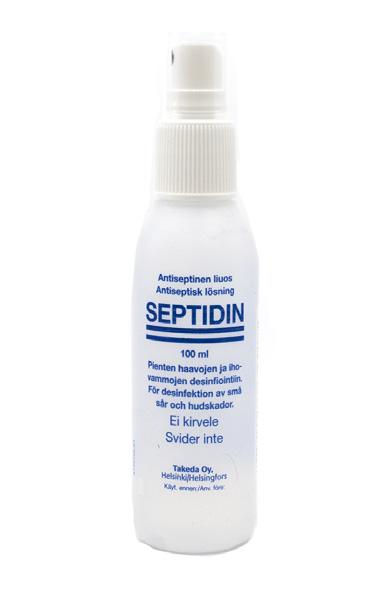 Pieni silmätyyny (koodi EA-SIDE-P) Medium 12 x 12 cm (koodi EA-SIDE) Iso 18 x 18 cm (koodi EA-SIDE-I) Septidin suihkepullo Antiseptinen liuos