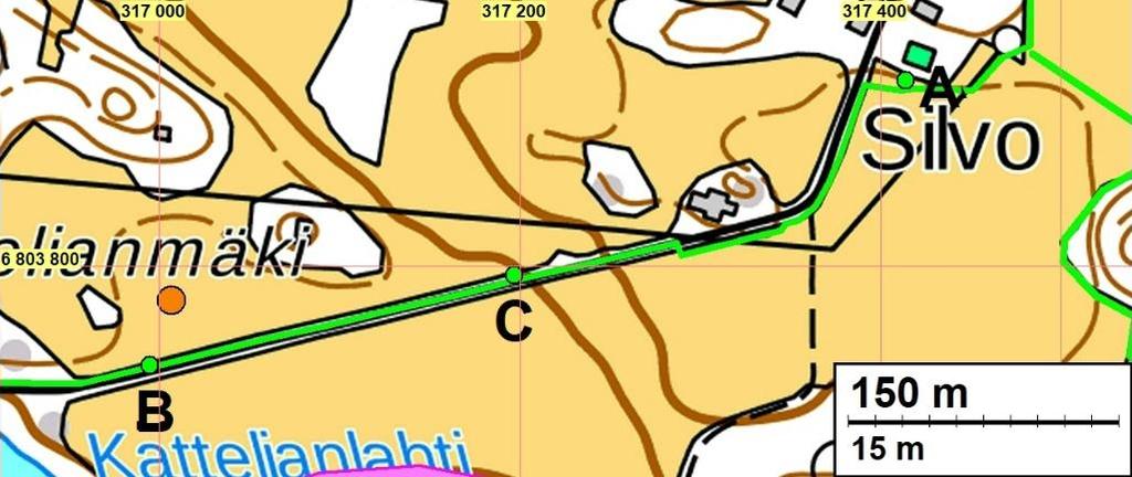 26 Yllä olevaan karttaan on merkattu kuvailtujen metalliesineiden löytöpaikat kirkkaan vihreillä palloilla ja kirjaimilla A, B ja C. Kirkkaan vihreä viiva on suunniteltu kaapelireitti.