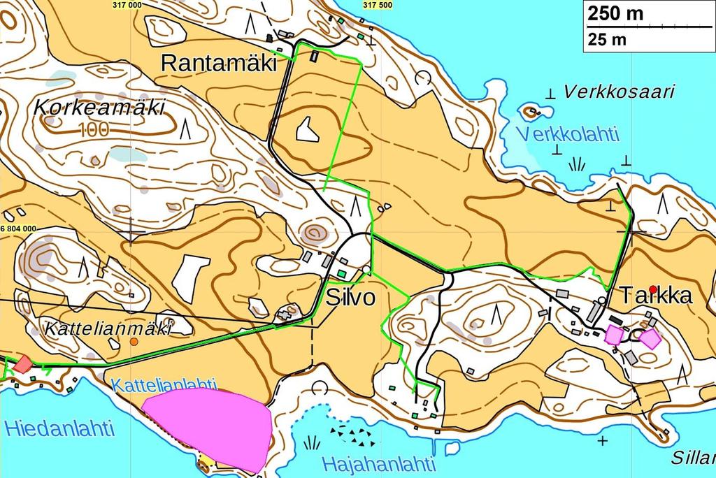 Punaiset alueet ovat muinaisjäännösalueita.