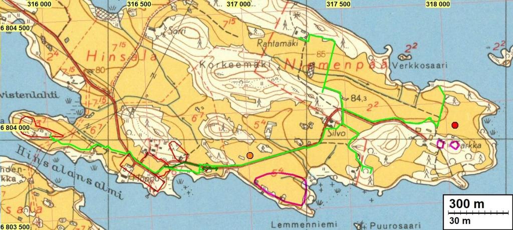 8 Vanhoja karttoja Ote vuoden 1954 peruskartasta. Tutkittu linja on merkattu kirkkaan vihreällä viivalla ja alueen muinaisjäännökset on rajattu punaisilla viivoilla.