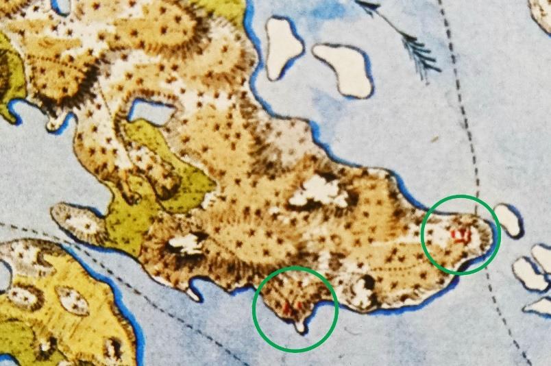 326 Harju 2012), joka on laadittu 1700- ja 1800-lukujen taitteessa. Hinsalan (vasen) ja Niemenpään kylät on ympyröity vihreällä.