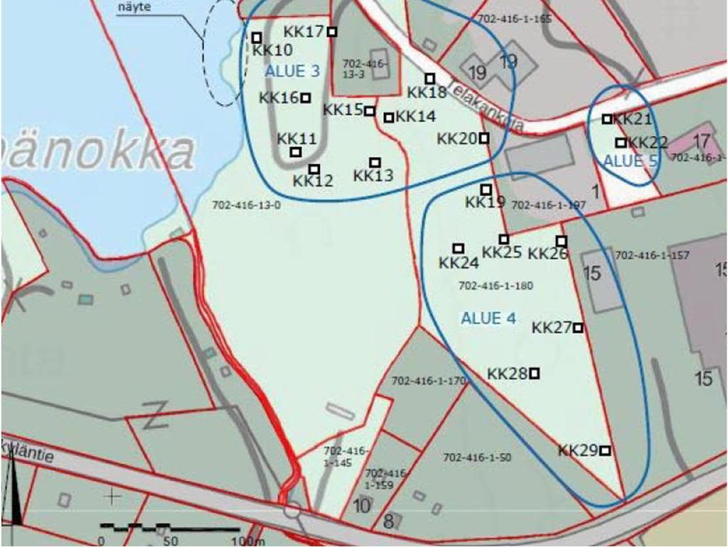 Tutkimuksen perusteella yksi suunnittelualueelle tehdyistä koekuopista (KK14, Kuva 6) tarvitsee tarkemman maaperätutkimuksen ja riskien tarkastelun.