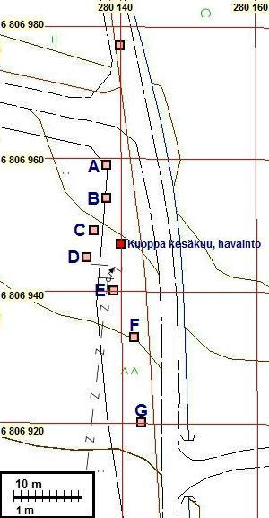 10 Koekuoppa E (N 6806940 E 280139). 45x35x31 cm. Muokkauskerros 13 cm.