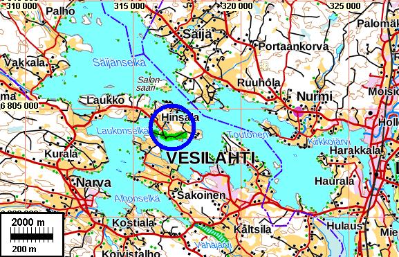 3 Tutkimusalue on sinisen ympyrän sisällä. Selityksiä: Koordinaatit ja kartat ovat ETRS-TM35FIN koordinaatistossa.