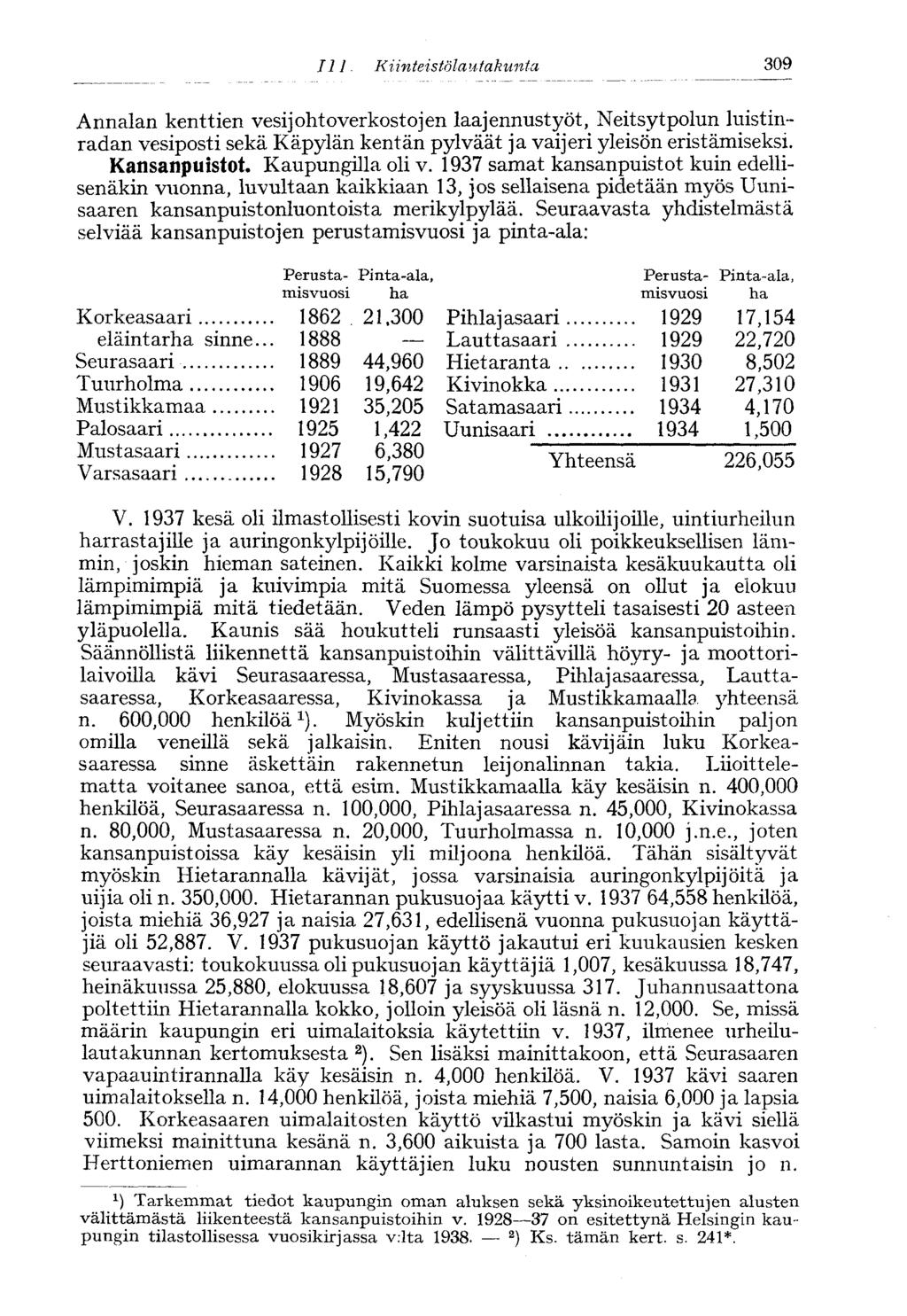 309 Annalan kenttien vesijohtoverkostojen laajennustyöt, Neitsytpolun luistinradan vesiposti sekä Käpylän kentän pylväät ja vaijeri yleisön eristämiseksi. Kansanpuistot. Kaupungilla oli v.