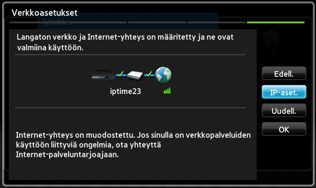 5-1 Jos haluat käyttää kiinteää IP-osoitetta, valitse <IP-aset.> ruudulla ja anna vaadittavat IPosoiteasetukset manuaalisesti.