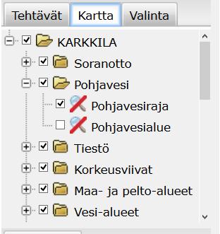 Välilehtipalkin (kuva 30) avulla voidaan näyttää tai piilottaa karttatasoja, saada lisätietoja valitusta