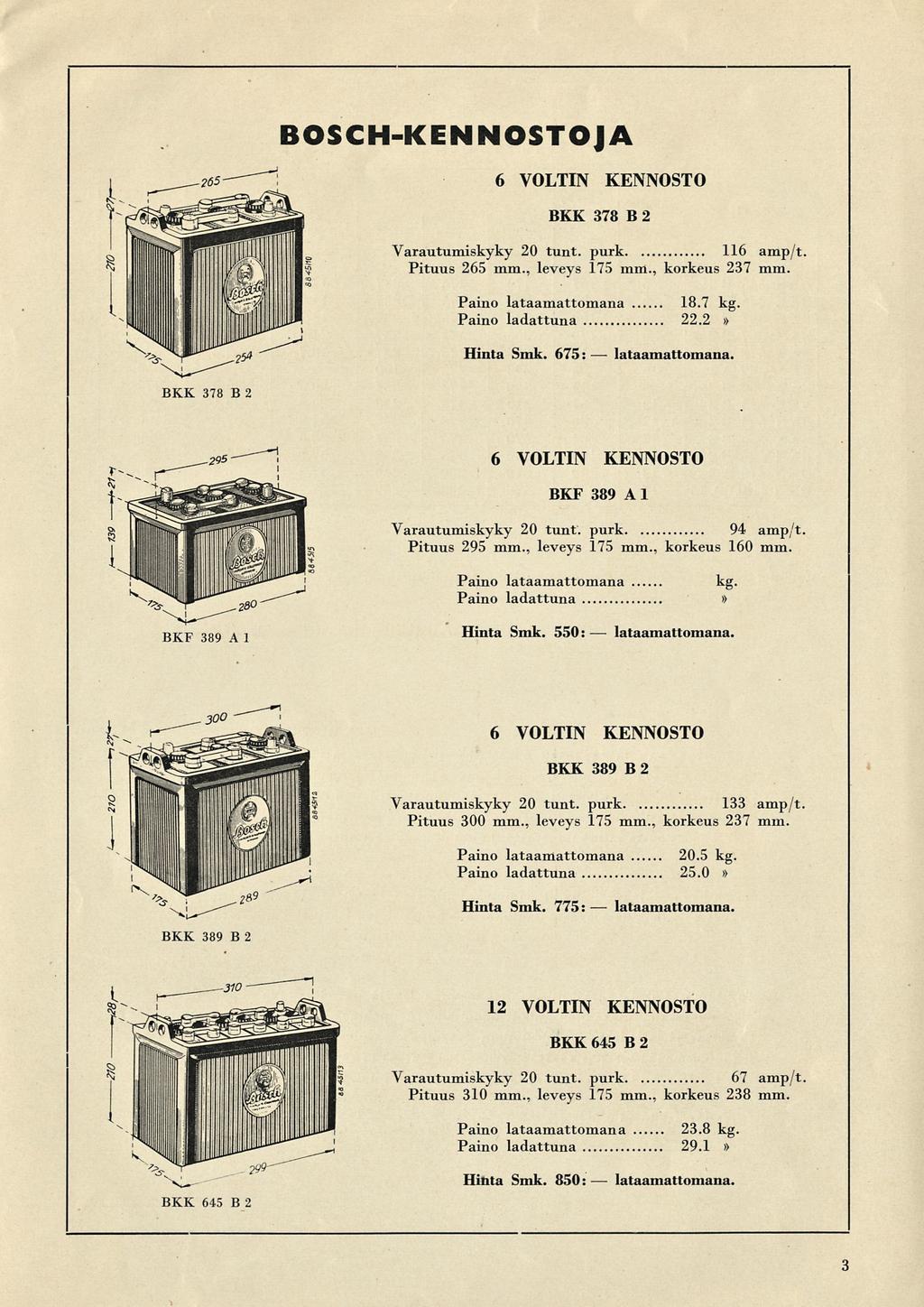 BKK 378 B 2 Varautumiskyky 20 tunt. purk 116 amp/t Pituus 265 mm., leveys 175 mm., korkeus 237 mm. Paino lataamattomana 18.7 kg. Paino ladattuna 22.2» Hinta Smk. 675: lataamattomana.