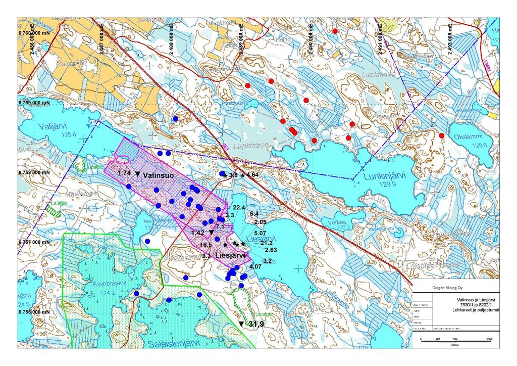 DRAGON MINING OY LOPPURAPORTTI Page 7 Kuva 2. Lohkare- ja paljastumanäytteet valtausalueilta ja niiden ympäristöstä.