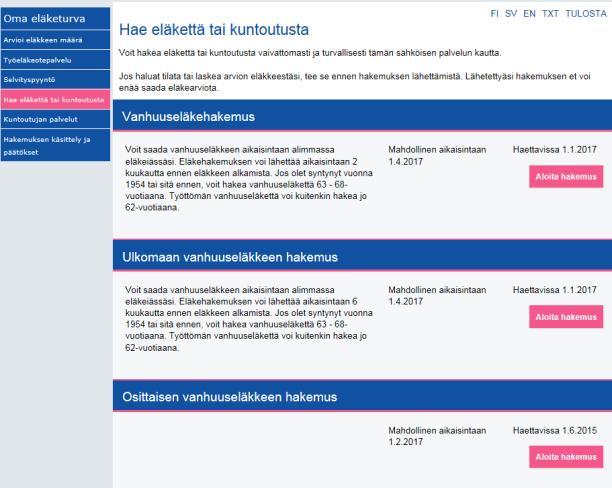 Eläke on etuus, jota tulee hakea Vanhuuseläkkeelle siirtyminen edellyttää jatkossakin työsuhteen päättymistä =>Irtisanoutuminen Eläkehakemus noin 1 kk ennen eläkkeelle jäämistä, sähköinen hakemus