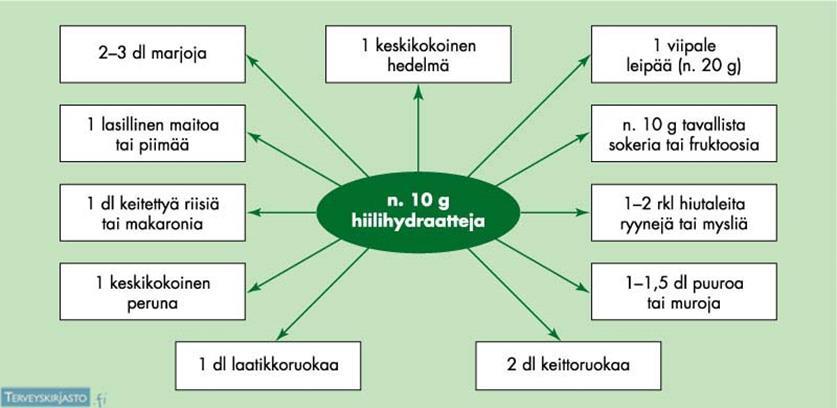 16 Tyypin 1 diabetesta sairastaessa pitää opetella arvioimaan aterioiden hiilihydraattien määrää (kuva 4). Insuliinin tarve on yksilöllinen.