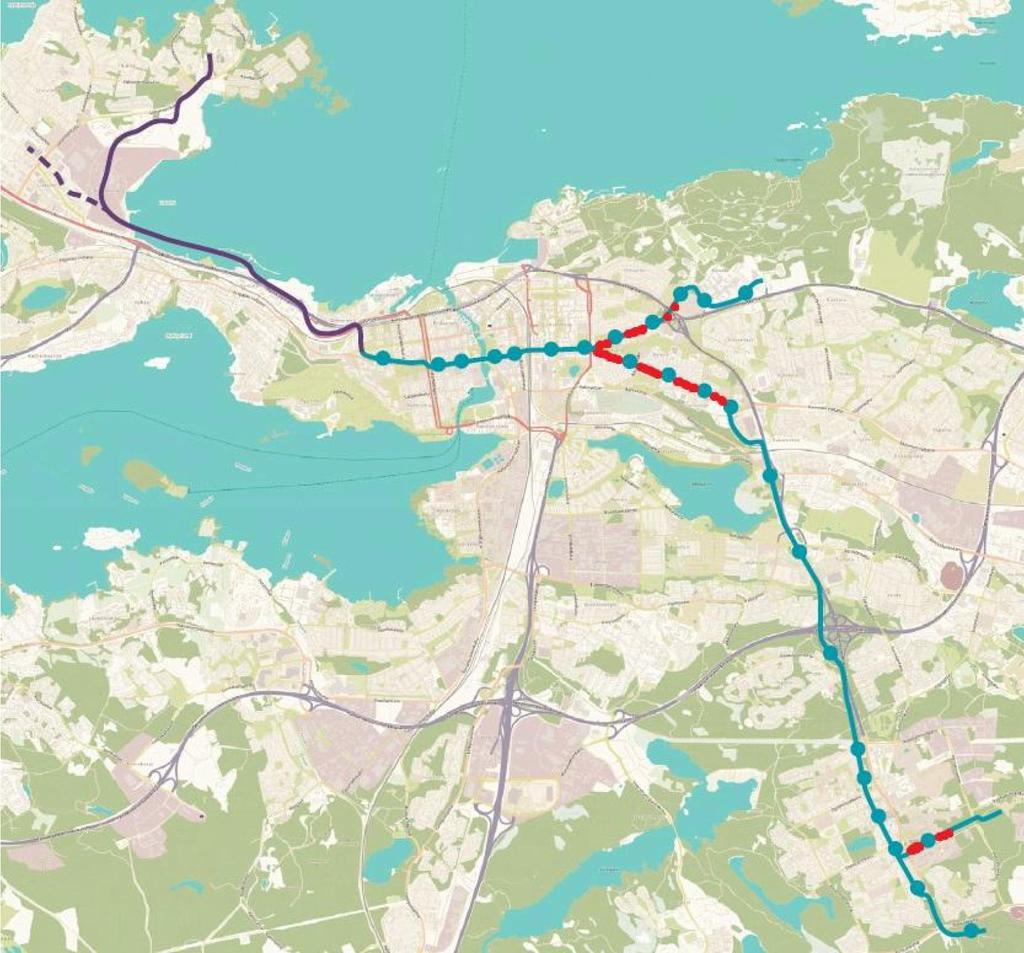 31 Kuva 9. Tampereen raitiotien reittikartta. Osa 1 on esitetty turkoosilla ja osa 2 violetilla. Nurmirataosuudet osalla 1 on merkitty karttaan punaisella.