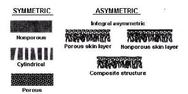 15 Kuva 3 Symmetrisen ja epäsymmetrisen membraanin poikkileikkaus (Wenten, 2008). Ultrasuodatuksessa esiintyy useita suodatusta haittaavia ilmiöitä.