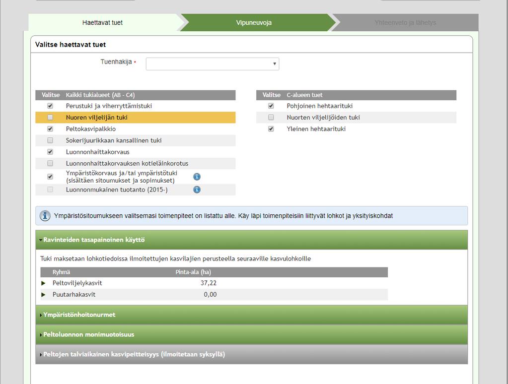 Päätukihaku, haettavat tuet Haettavat tuet kohdassa, valitaan
