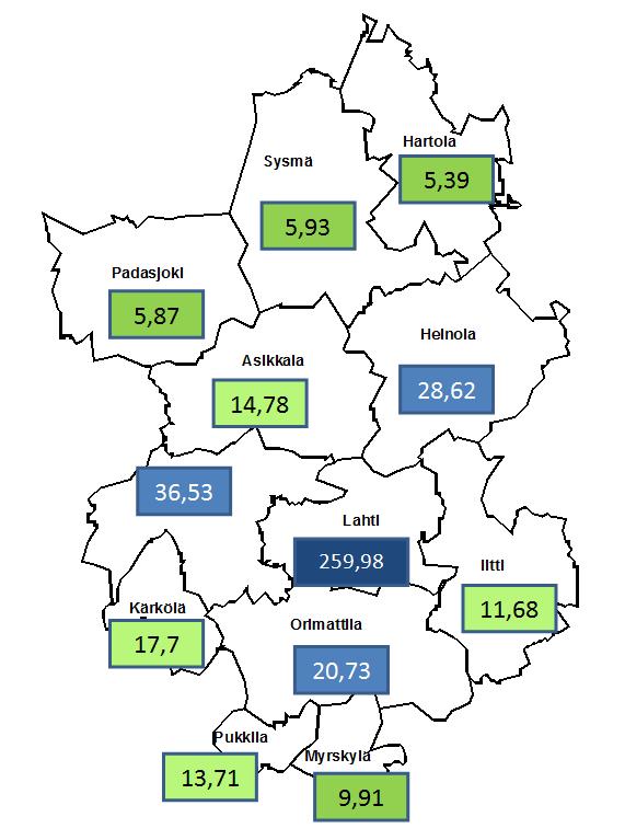 Maakunnan pohjoisosissa, jossa väestö on ikääntynyttä, myös väestöntiheys on matalin (Kuva 12). Kuva 12.