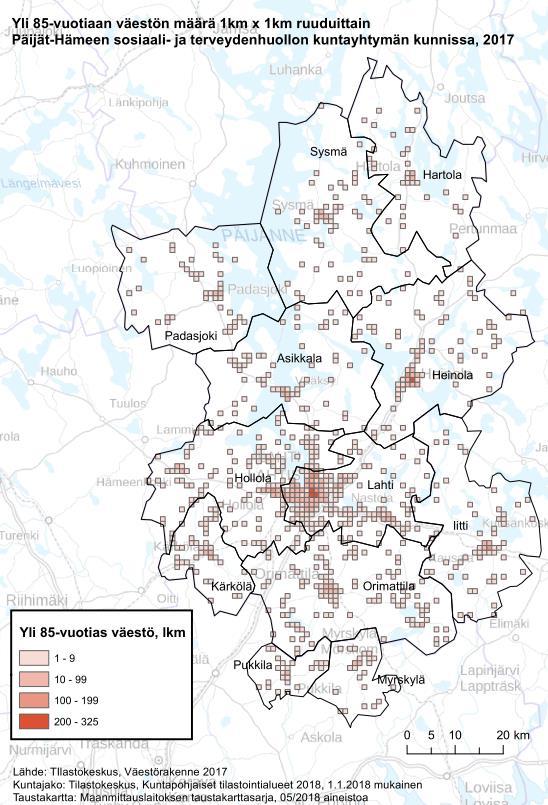 Kuva 15. Yli 85-vuotiaan väestön määrä 1 km*1 km ruuduittain Päijät-Hämeessä ml Pukkila ja Myrskylä, 2017 Tiivistäen Ikääntymisestä johtuva palvelutarpeen kasvu aiheuttaa merkittävän kestävyysvajeen.