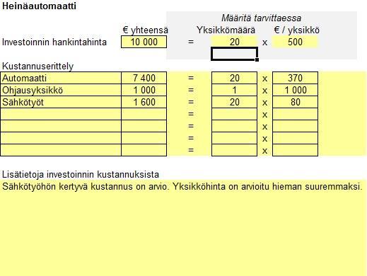 47 (60) Kuvio 8. Heinäautomaatin kustannuslaskelma. (Hyvönen 2015). Kuviosta 9 selviää automaateilla saavutettavat tuotot ja kunnossapitokustannukset.