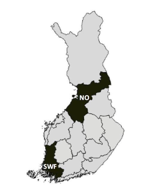 Tutkimuskehikko VMI11-aineisto simuloinnin lähtötietona kahdesta metsäkeskuksesta Lounais-Suomi ja Pohjois-Pohjanmaa Kasvupaikat: MtkgII ja PtkgII Metsiköiden ikäluokka (50-75v) Mediaaniläpimitta,