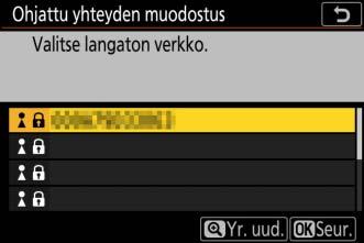 4 Valitse verkko. Korosta verkon SSID ja paina J (jos haluttua verkkoa ei näy, etsi uudelleen painamalla X).