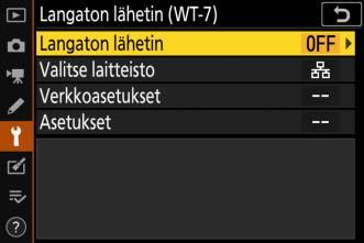 Langaton lähetin (WT-7) Säädä yhteysasetuksia käytettäessä lisävarusteena saatavaa langatonta lähetintä WT-7. Nämä asetukset tulevat voimaan, kun WT-7 on yhdistetty ja kytketty päälle.