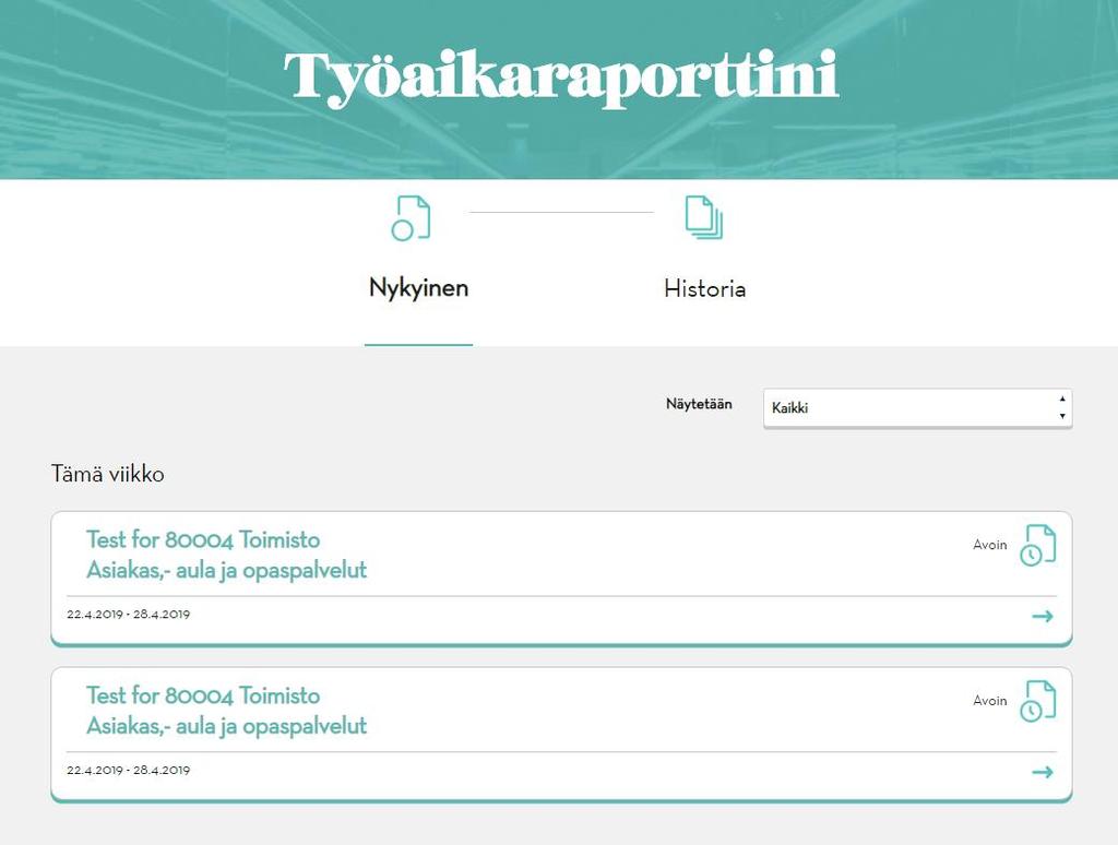 Työaikaraporttini Työaikaraportit-linkistä pääset näkymään, jossa on listattu työaikaraporttisi aikaisemmilta viikoilta, tältä