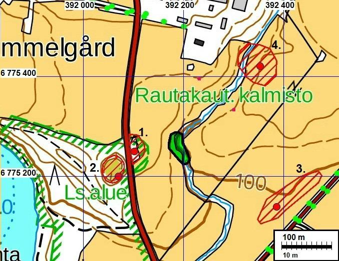 3 Yleiskartat Kartta 1. Tutkimusalue on merkitty kartalle mustareunaisella vihreällä laikulla. Vinoviivoitetut punaiset alueet ovat kiinteiden muinaisjäännösten aluerajauksia: 1.