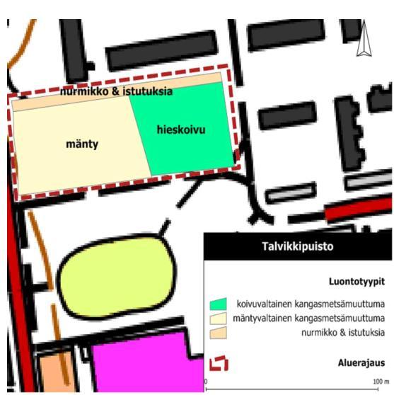 Luontoselvitys Talvikkipuisto on tiiviisti asutuksen keskellä oleva metsäinen puistoalue. Selvitysalue on voimakkaasti muuttunutta.