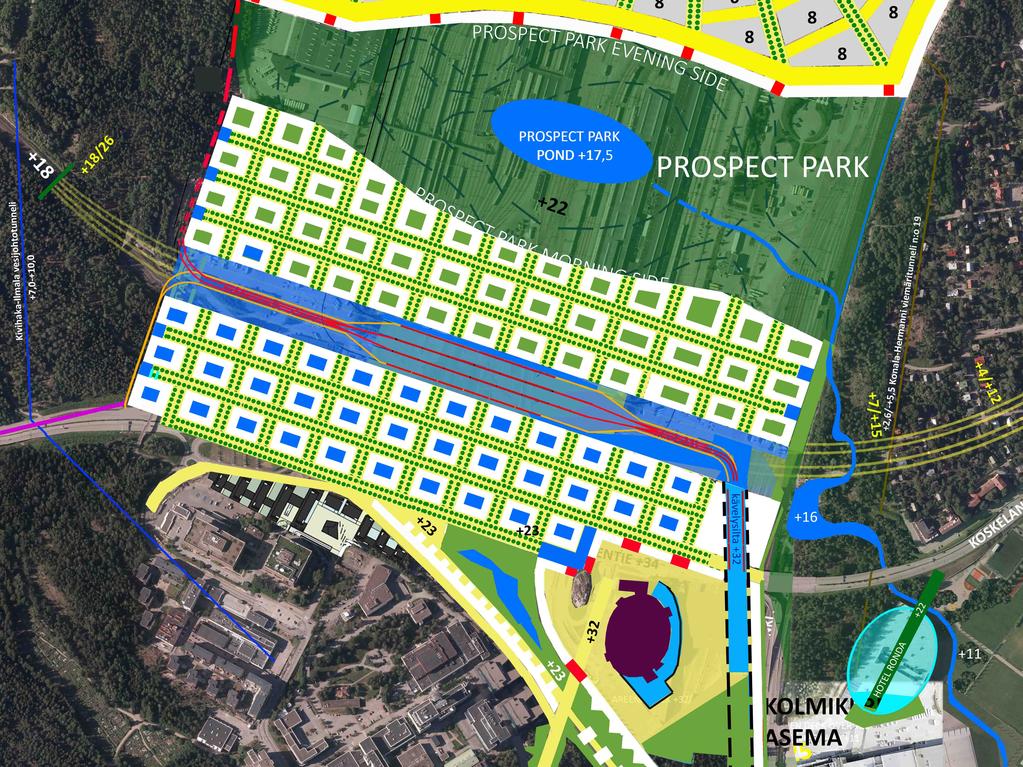 6.3. Finnopolis-aseman ruutukaava Kuvassa on 3D-mallinnosta varten piirretty junien läpivirtausaseman ympäristö. Kaupunginosalla on asemasta suunnan ottava ruutukaava.