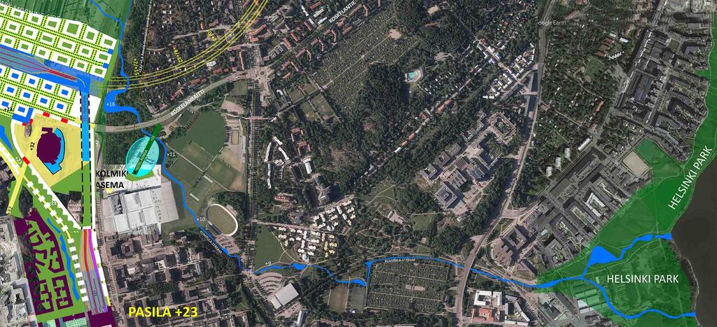 Kahden uuden kaupunginosan väliin rakennetaan puisto (kuvan Prospect Park) ja sen keskelle palautetaan paikalla alunperin sijainnut pieni järvi.