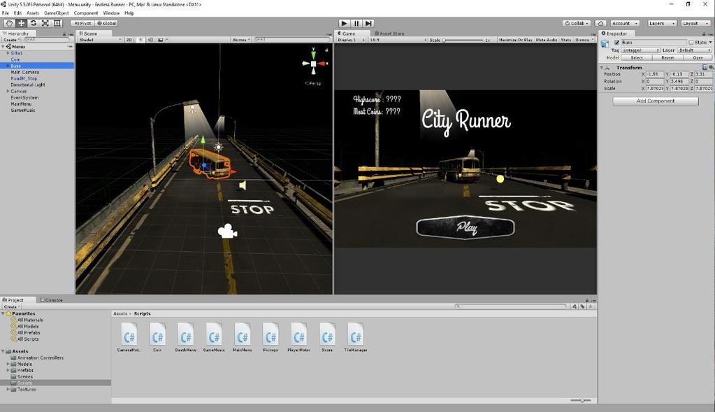 7 Kuva 3. Kuvankaappaus Unityn käyttöliittymästä, jossa näkyvät kaikki eri moduulit. Project-moduulissa näkyvät kaikki peliin lisätyt objektit, joten se toimii ikään kuin pelin sisällysluettelona.