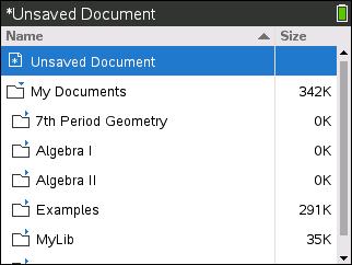 Asiakirjojen käsittely TI-Nspire CX II -kämmenlaitteessa Kaikki TI-Nspire CX II -kämmenlaitteella tekemäsi työ sisältyy yhteen tai useampaan TI-Nspire -asiakirjaan, jotka voit jakaa muiden