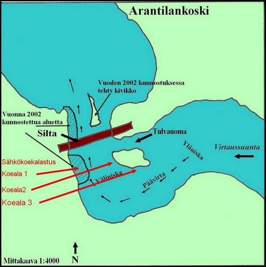 8 Kuva 4. Kartta Arantilankosken koealoista 3.2.1 Koealat Arantilankosken sähkökoekalastukset tehtiin 27.8 ja 28.8.2011. Koekalastusten aikana joen virtaama oli noin 50 m 3 /s.