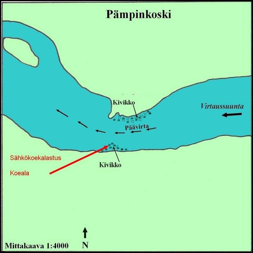 14 3.3 Pämpinkoski Pämpinkoski sijaitsee noin 1,5 kilometriä Arantilankoskelta ylävirtaan. Pämpinkoski on yläosaltaan n. 80 metriä pitkä ja keskimäärin 60 metriä leveä.