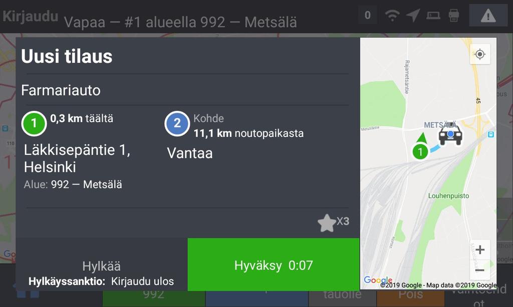 Et tarvitse kirjautumisen lisävaihtoehtoja päivittäisessä työssäsi. Uusi tilaus Tilauksia tarjotaan yleensä ensin alueen taksiasemalla oleville takseille jonojärjestyksessä.