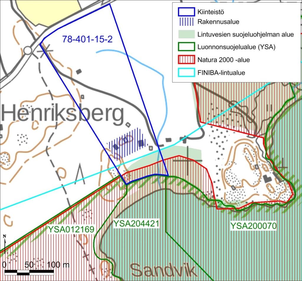 5 Kuva 6. Kiinteistön ja rakentamisalueen sijainti sekä Natura-alueen, lintuvesiensuojeluohjelma-alueen ja luonnonsuojelualueiden rajaukset.