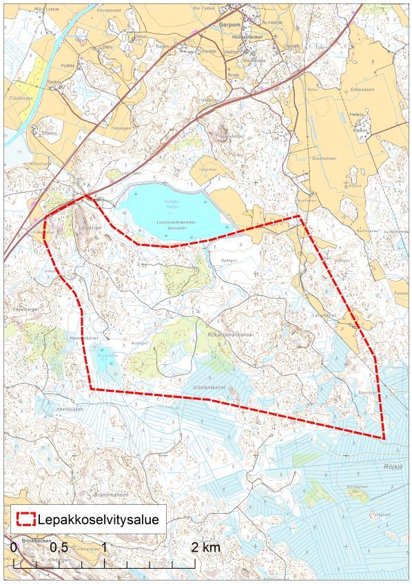 Lepakkoselvityksen selvitysalueen rajaus noudattaa osittain vuonna 2014 suunnitellun osayleiskaava-alueen rajausta.
