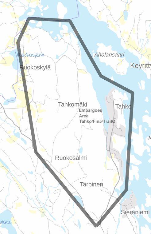 Kartan vaalean vihreällä rajatulla alueella kilpailijoiden liikkuminen on kielletty 17.7.2019 kello 7.00 15.00 ilman hyväksyttävää syytä (majoitus tms.). Esim.