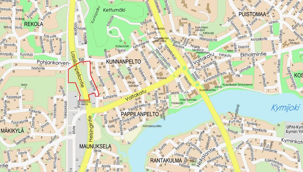 Kuva 1. Asemakaavan muutosalueen sijainti Kuusankosken kaupunkikeskustassa. 1.5. Kaavahankkeeseen liittyvät selvitykset Kuusankosken yleiskaava 2020, Liite 4.