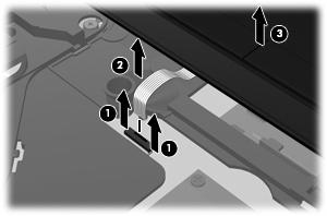 17. Vapauta ZIF (Zero Insertion Force) -liitin (1), johon kosketusalustan kaapeli on kiinnitetty, ja irrota sen jälkeen kosketusalustan kaapeli (2) emolevystä vetämällä sitä ylöspäin.